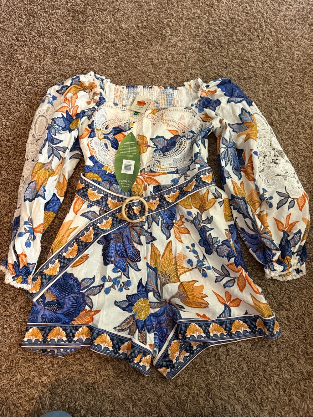 Farm Rio NWT Summer Flowers Romper Medium Off‎ White Lace Belted Boho Resort